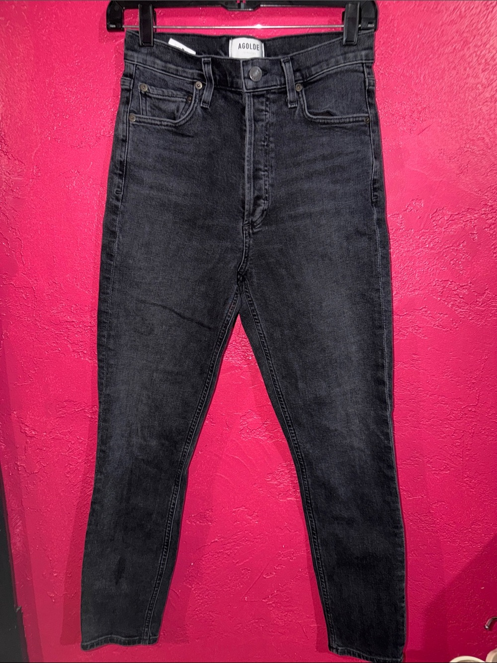 Agolde Nico Skinny high rise button fly Jeans. Sz 26. Black denim.
